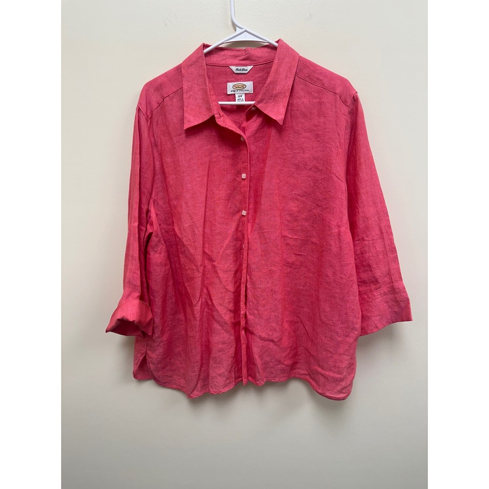 Talbots Woman Petites 20W Irish Linen Button Down Shirt Coral Pink 3/4 Sleeve
